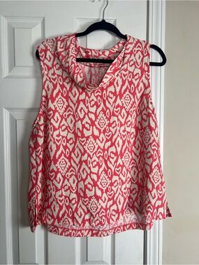 Vince Camuto Cowl Neck Sleeveless Blouse XL Coral Ivory Print Top